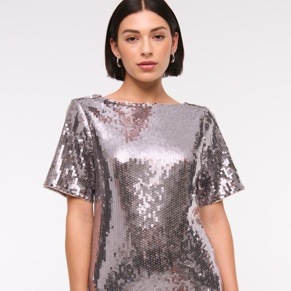Abercrombie & Fitch Sequin Tee Shift Mini Dress Silver NWT Medium Petite - Picture 3 of 14
